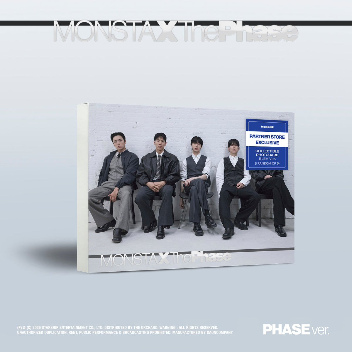MONSTA X  EP ALBUM THE PHASE  (PHASE VER.)   U.S VER  HELLO82 [PARTNER STORE EXCLUSIVE]     |   INCLUDES U.S EXCLUSIVE PHOTOCARD +  HELLO82 OFFICIAL BLEH VER. PHOTOCARD  (RANDOM 1 OUT OF 5)    [PRE]